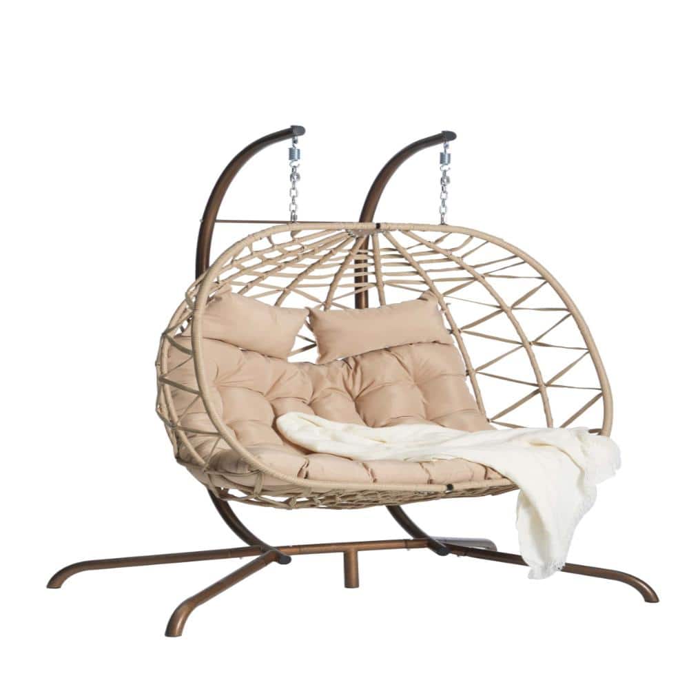 Khaki Wicker Outdoor Double Egg Chair with UV Resistant Cushions for Bedroom, Balcony, Patio