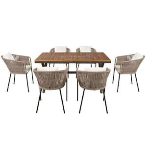 7 Pieces Metal Frame Outdoor Dining Set with rectangular Dining table Beige Rope Weavingwith White Cushions for Garden