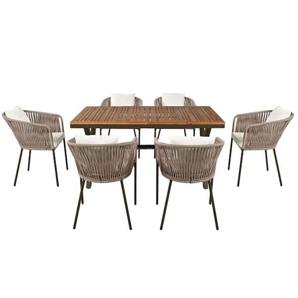 Unbranded 7 Pieces Metal Frame Outdoor Dining Set with rectangular Dining table Beige Rope Weavingwith White Cushions for Garden