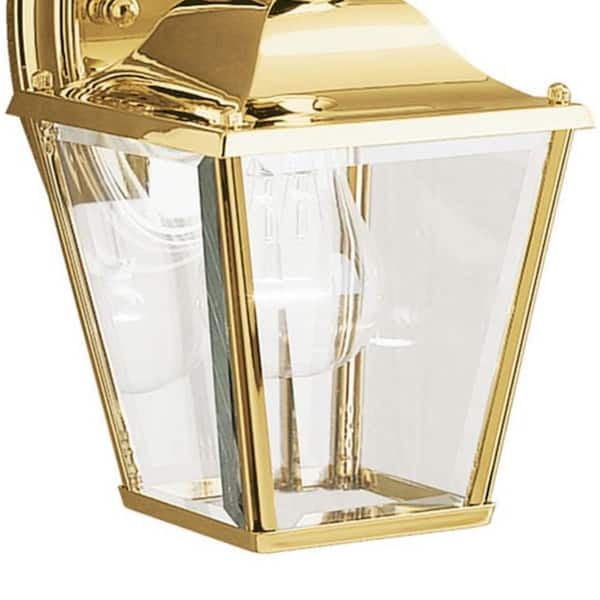 Bay Shore 10.25 in. 1-Light Polished Brass Outdoor Hardwired Wall Lantern Sconce with No Bulbs Included (1-Pack)