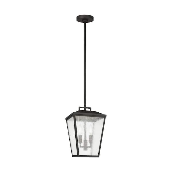 SCOTT LIVING - Kennewick 9 in. W x 14.125 in. H 2-Light Textured Black Outdoor Pendant Light with Distressed Seeded Glass Shades