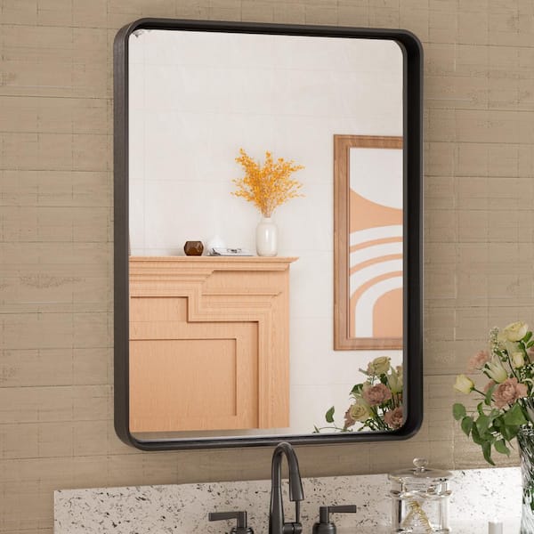 TETOTE 18 in. W x 24 in. H Rectangular Aluminum Framed Wall Mount Bathroom Vanity Mirror in Black