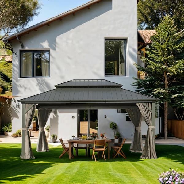 10 ft. x 14 ft. Gray Aluminum Frame Hardtop Gazebo with Galvanized Steel Double Roof Canopy, Curtains and Netting