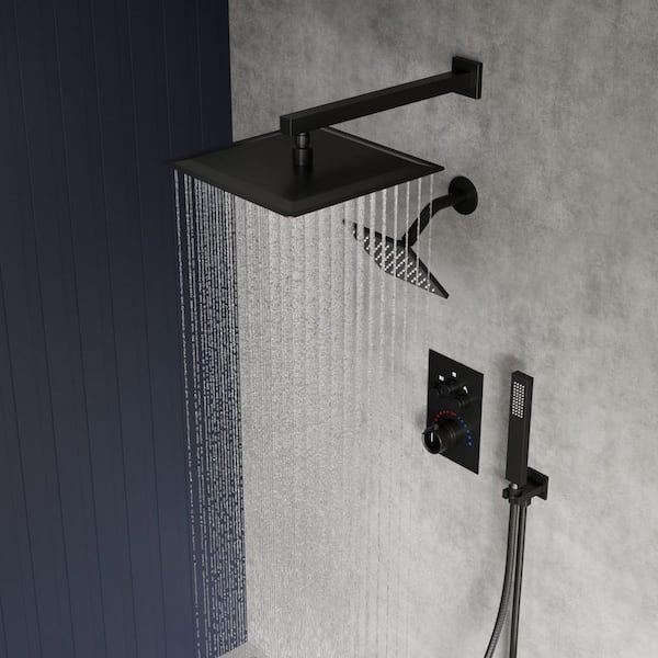 YAWWALK Thermostatic 7-Spray 12 in. and 6 in. Wall Mount Shower System with Hand Shower 2.5 GPM in Matte Black(Valve Included)