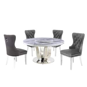 Gina 6-Piece Marble Top W/Lazy Susan Stainless Steel Base Table Set, 4 Dark Grey Velvet Chair W/Nail Head Trim&Back Ring