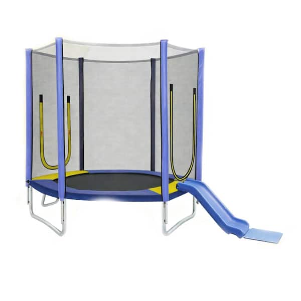Purple Steel Outdoor 7 FT Trampoline with Safety Enclosure Net, Slide and Ladder