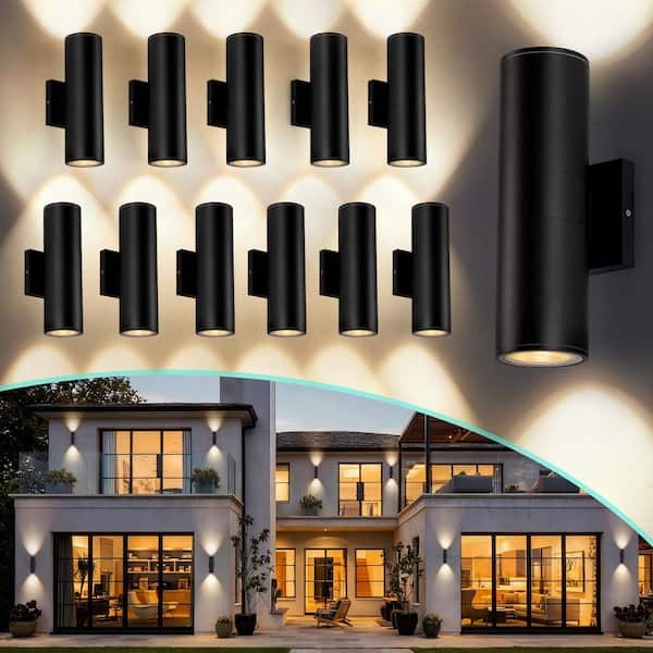 12 in. Black Aluminum Modern Outdoor Up and Down Cylinder LED Wall Sconce (12-Pack)
