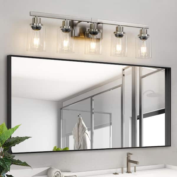 30 in. W 5-Light Vanity Lighting Wall Sconce Brushed Nickel Finish with Clear Glass Shades, E26, No Bulbs Included