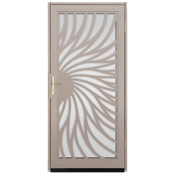 Unique Home Designs 36 in. x 80 in. Solstice Tan Surface Mount Steel Security Door with Shatter-Resistant Glass and Brass Hardware