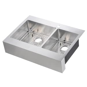 Brimley Retrofit Dual Mount Stainless Steel 33 in. 1-Hole 60/40 Double Bowl Flat Farmhouse Apron Front Kitchen Sink