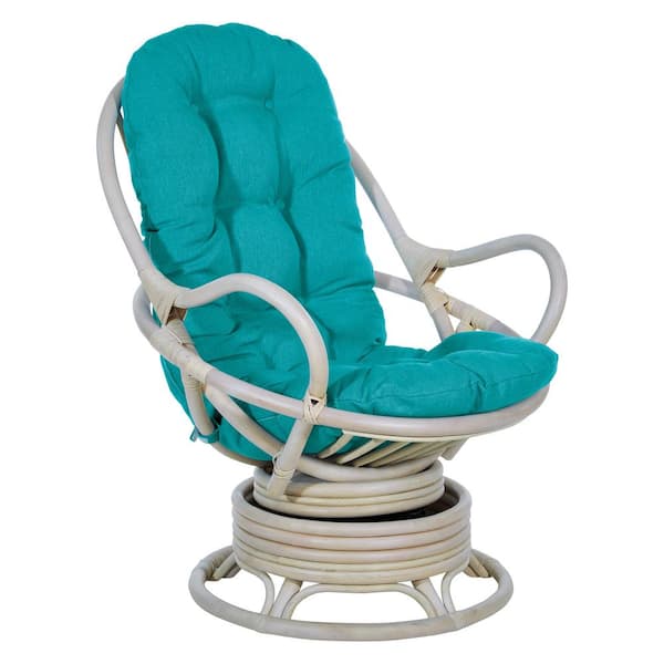 OSP Home Furnishings Lanai Rattan Swivel Rocker Chair in Blue Fabric with White Wash Frame