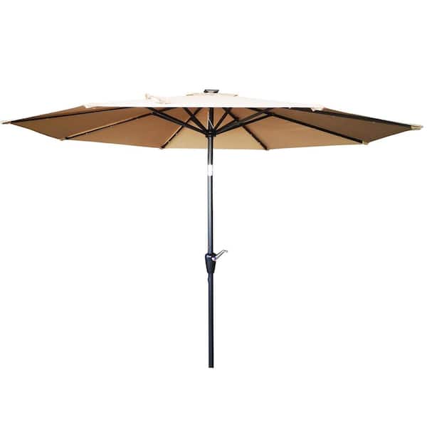 maocao hoom 9 ft. Octagon Aluminum Patio Market Umbrella with LED Lights and Push Button Tilt in Sand