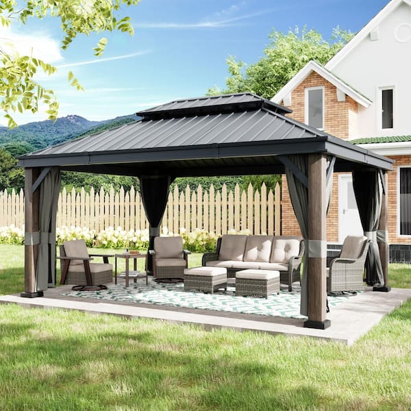 16 ft. x 12 ft. Wood Grain Hardtop Gazebo with Double Galvanized Steel Roof and Mosquito Net