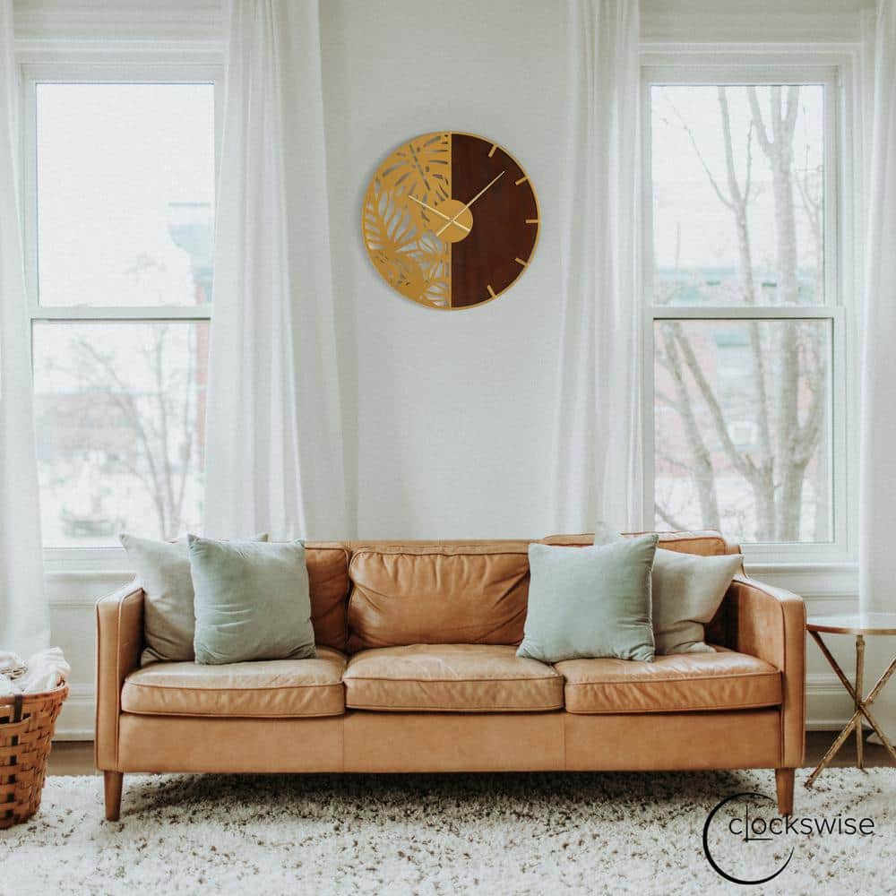 24" Brown Wood and Gold Metal Leaf Cutout Oversized Wall Clock