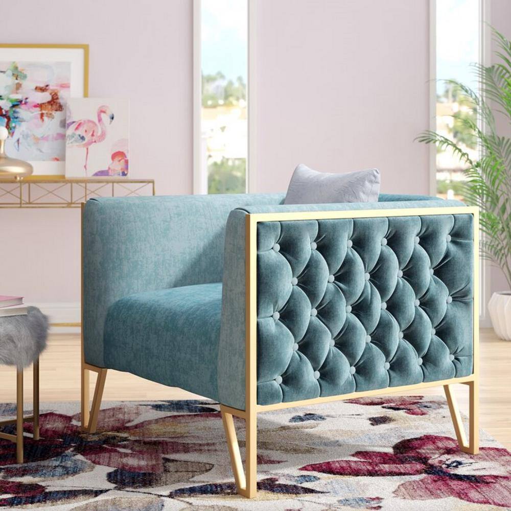 Ocean Blue Velvet Geometric Barrel Accent Chair with Metal Base