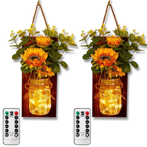 Unbranded Brown Wood Rustic Handmade Hanging Jars with LED Lights, Farmhouse Decorations, (Set of 2)