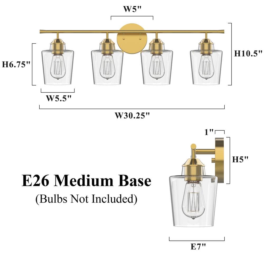 Antique Brass 4-Light Dimmable Vanity Light with Clear Glass Shades