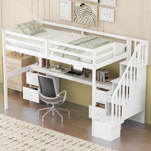 Polibi Twin Size Loft Bed Frame with Built-in Desk and Double Storage Drawers, White