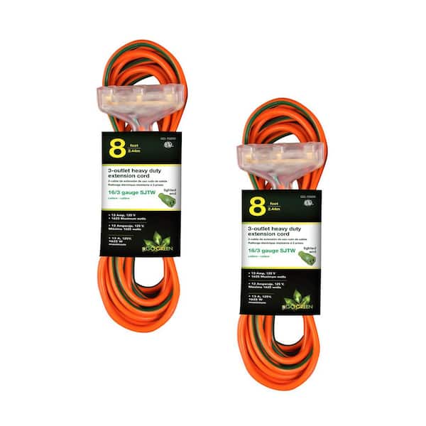 GoGreen Power (G-15008-2) 8 ft. 16/3 3 Outlet Indoor Heavy Duty Extension Cord, Orange, 2 PACK