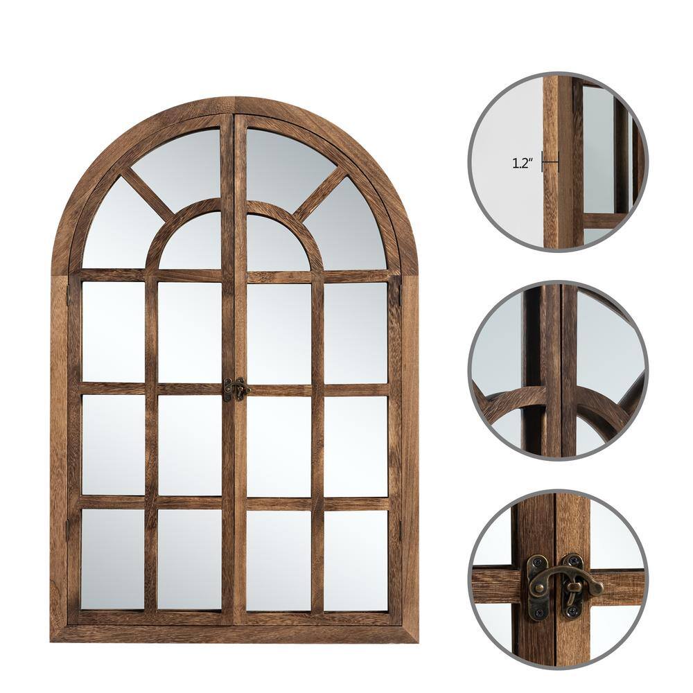 Charcoal Wood Arched Windowpane Decorative Wall Mirror