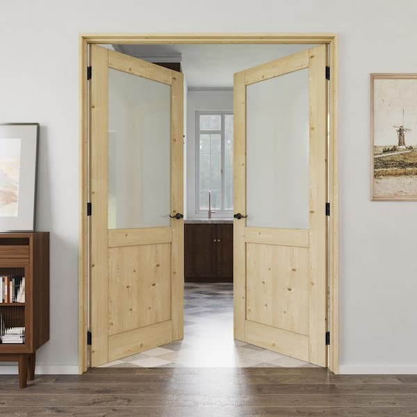 56 in. x 80 in. 1/2-Lite Frosted Glass Universal Solid Core Unfinished Pine Wood Double Prehung French Door with Jamb