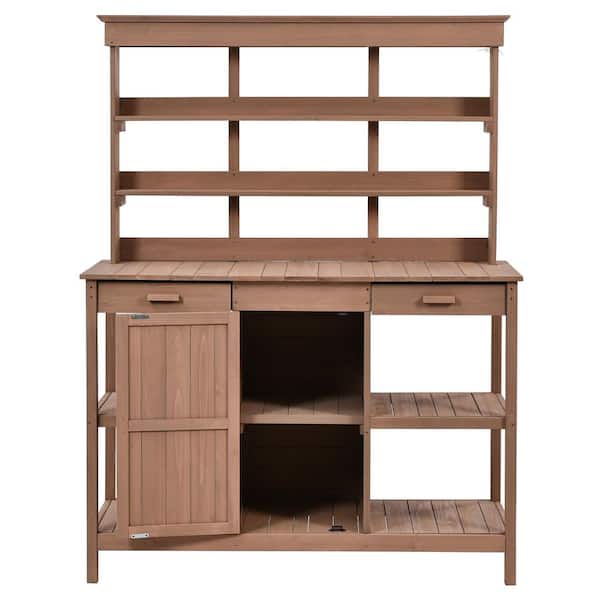 ECOCHIC SPACES INC 50 in. W x 66 in. H Brown Large Outdoor Wooden Potting Bench, Garden Workstation with 2 Drawers, Cabinet & Open Shelves