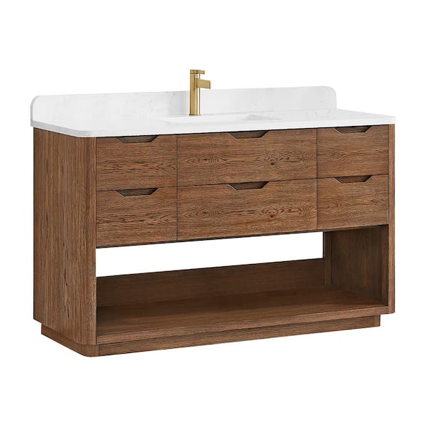 Harbin 55 in. W x 22 in. D x 33.9 in. H Single Bath Vanity in Oak Weathered Brown with White Engineered Stone Top