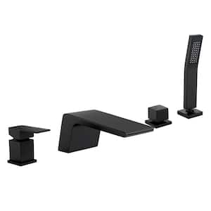 Waterfall Single-Handle Deck-Mount Roman Tub Faucet with Hand Shower in Matte Black