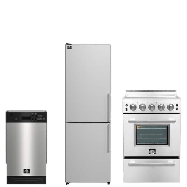 3-Piece 24 in. Electric Range, 23.4 in. Left Swing Refrigerator, 18 in. Built-In Tall Tub Dishwasher in Stainless Steel