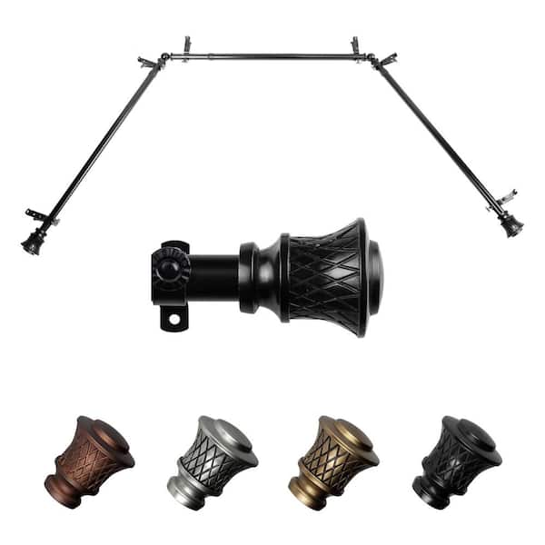 EMOH Neema 20-36 in. sides, 38-72 in. center Adjustable Bay Window Curtain Rod 13/16 in. in Black with Finial