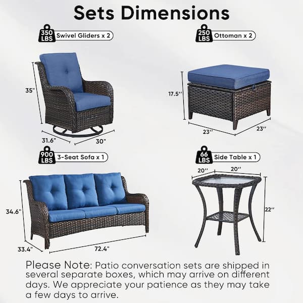 6-Piece Brown Wicker Patio Conversation Set with Olefin Blue Cushions and Swivel Glider Chairs/Couch