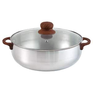6.9 qt. Round Silver Aluminum Dutch Oven Caldero with Glass Lid and Wood-Look Handles
