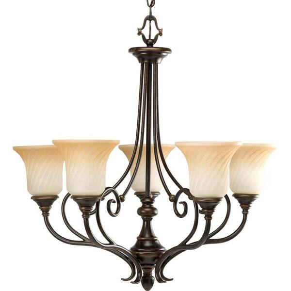 Progress Lighting Kensington Collection 5-Light Forged Bronze Chandelier with Frosted Caramel Swirl Glass Shade