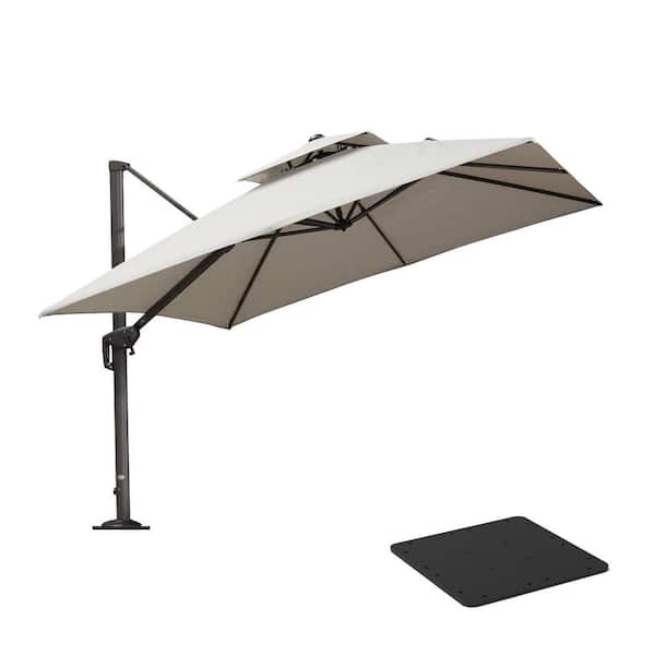 PURPLE LEAF 10 ft. Square 2-Tier Aluminum Cantilever 360° Rotation Patio Umbrella with Base Plate, Light Gray