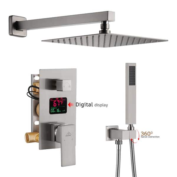 cadeninc 1-Spray 10 in. Dual Wall Mounted Shower Heads Shower System with Water Temperature Display with 1.8 GPM in Brush Nickel