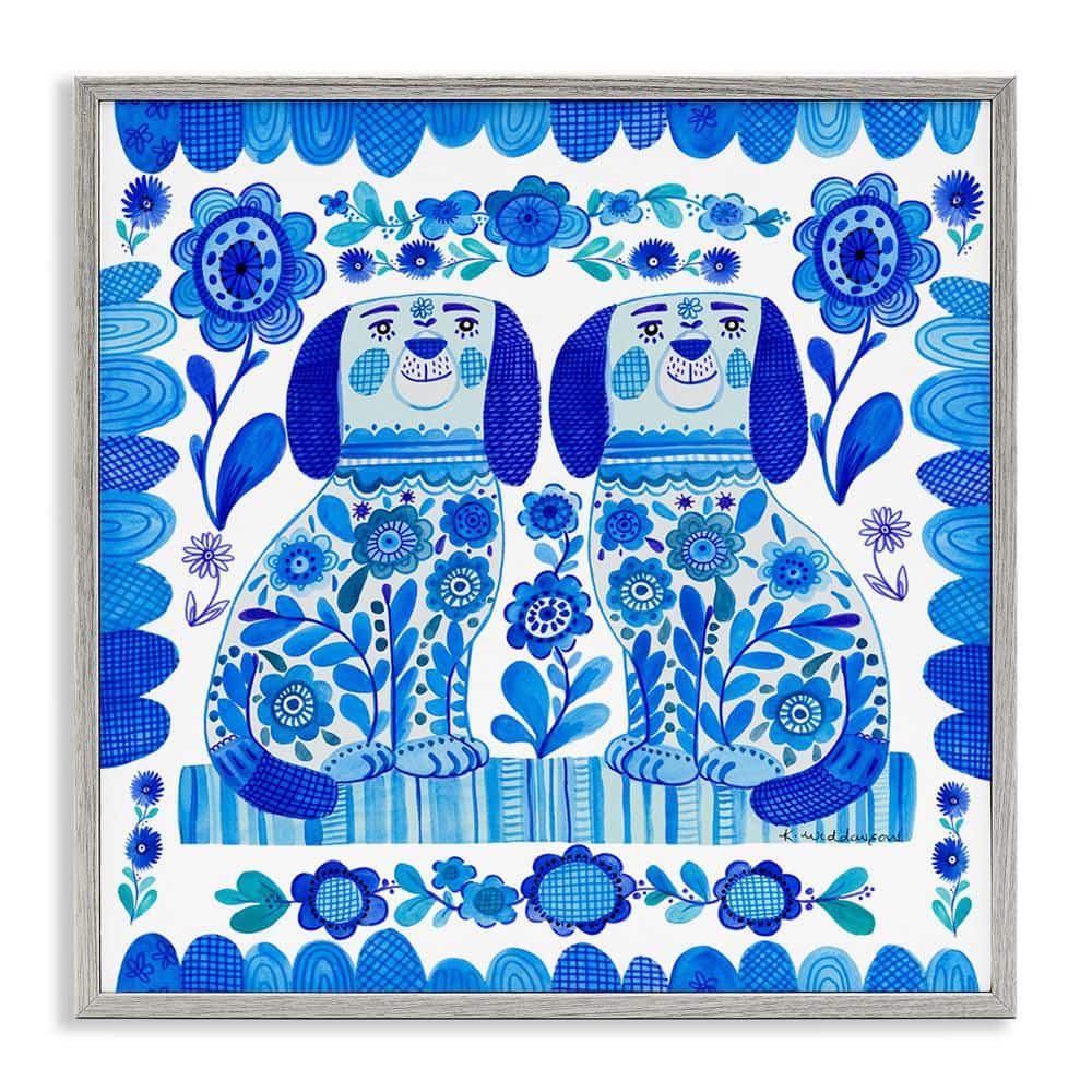 Blue Folk Style Puppies by Kay Widdowson Gray Framed Animal Giclee Art Print 24 in. x 24 in. price history on PriceWatchPro