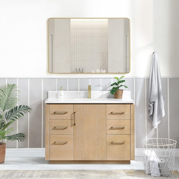 ROSWELL San 48 in.W x 22 in.D x 33.8 in.H Single Sink Bath Vanity in Washed Ash Grey with White Composite Stone Top and Mirror