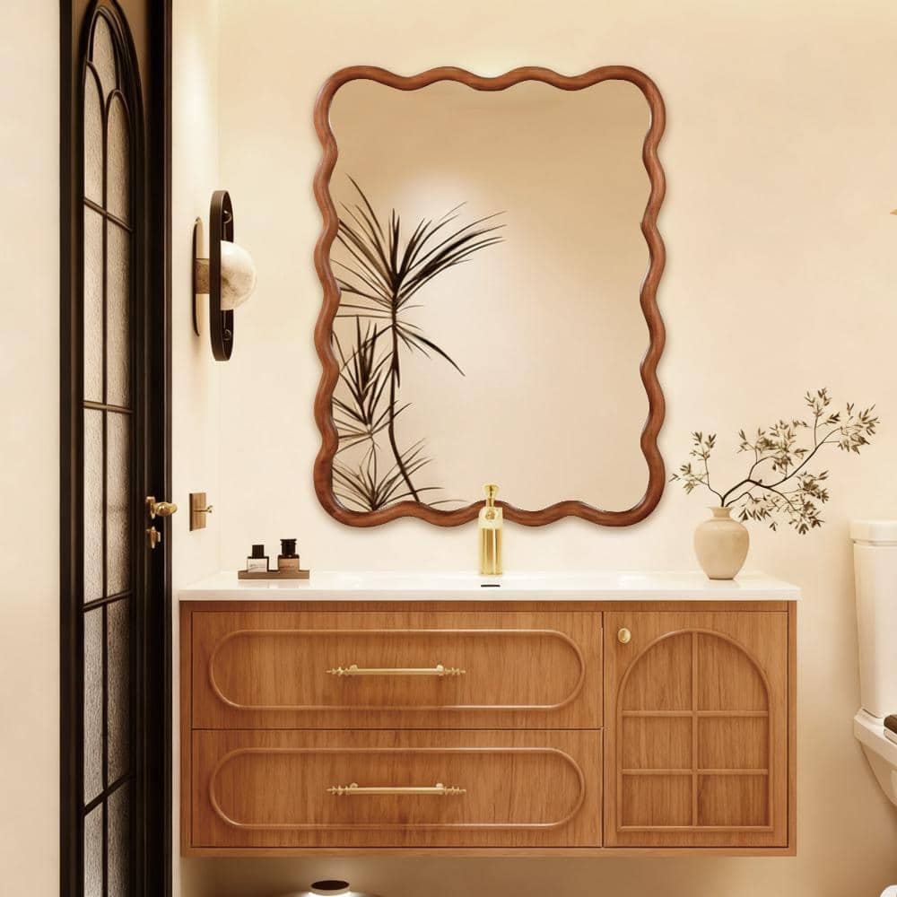 30 in. W x 40 in. H Wavy Rectangle Yellowish Brown Solid Wood Decorative Mirror