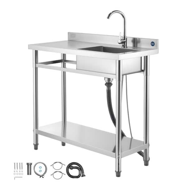 Stainless Steel Utility Sink, Free Standing Single Bowl Commercial Kitchen Sink Set/Workbench, 39.4 x 19.1 x 37.4 in.