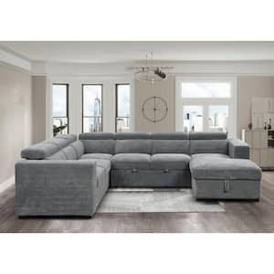 123 in. Polyester U-Shaped Sectional Sofa in. Dark Gray with Pull-out Bed, Adjustable Headrest and Storage Chaise