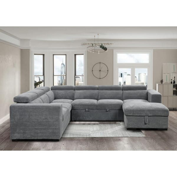 sumyeg 123 in. Polyester U-Shaped Sectional Sofa in. Dark Gray with Pull-out Bed, Adjustable Headrest and Storage Chaise