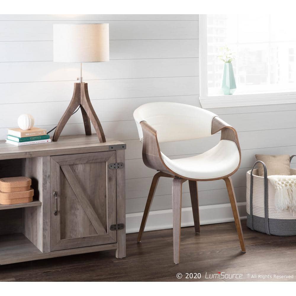 Light Grey Wood and White Faux Leather Mid-Century Arm Chair