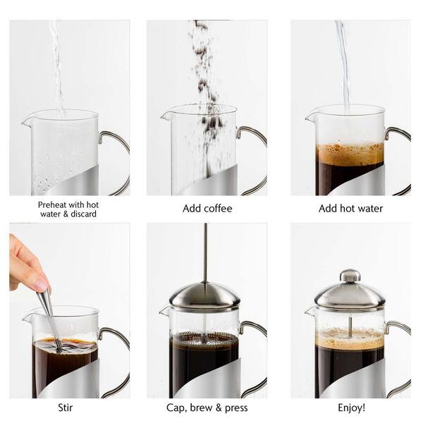 OVENTE 34 Ounce French Press Coffee & Tea Maker, 4 Filter Stainless Steel  Plunger System & Durable Borosilicate Heat Resistant Glass, Portable Easy  Clean Pitcher with Free Scoop, Silver FSH34S - Yahoo Shopping