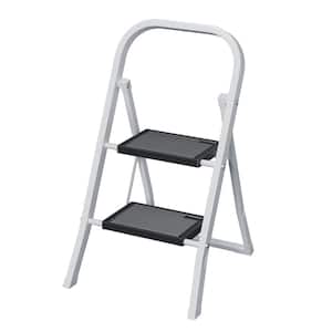 White 2 Step Ladder Metal Folding Step Stool with Wide Anti-Slip Pedal, 330lbs