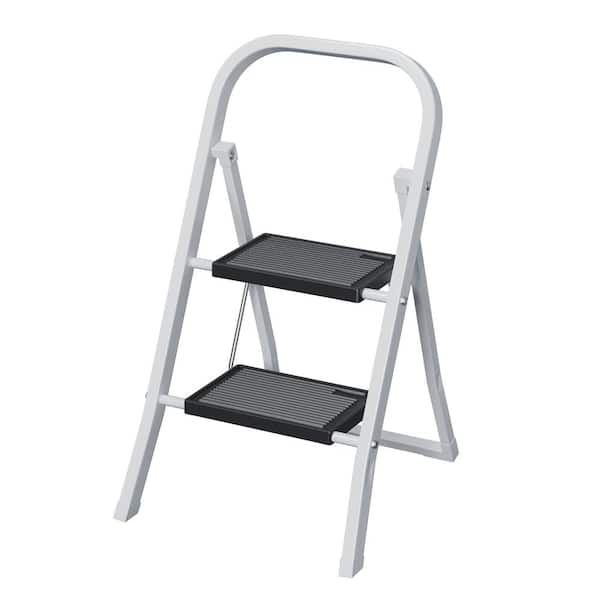maocao hoom 2.5 ft. Reach Metal Ladder with Wide Anti-Slip Pedal, 2-Step White Folding Step Stool 330 lbs.