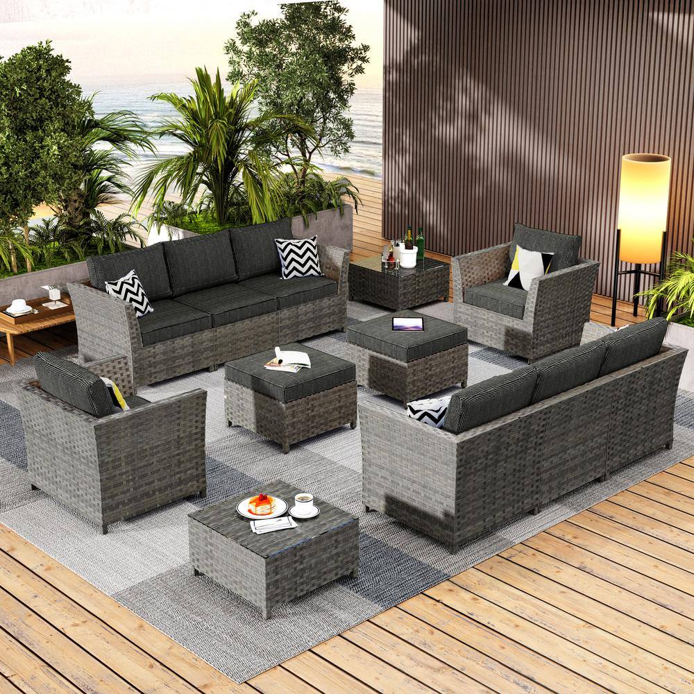 Vesta Gray 12-Piece Wicker Outdoor Patio Conversation Sectional Sofa Set with Black Cushions price history on PriceWatchPro