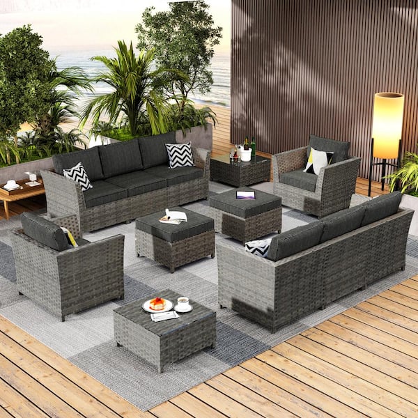 XIZZI Vesta Gray 12-Piece Wicker Outdoor Patio Conversation Sectional Sofa Set with Black Cushions
