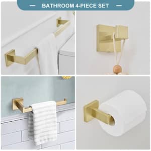 4-Piece Bath Hardware Set with Towel Bar Hand Towel Holder Toilet Paper Holder Towel Hook Modern Square in Brushed Gold