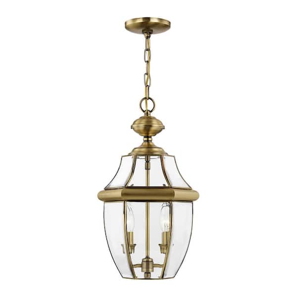 AVIANCE LIGHTING Aston 19 in. 2-Light Antique Brass Dimmable Outdoor Pendant Light with Clear Beveled Glass and No Bulbs Included