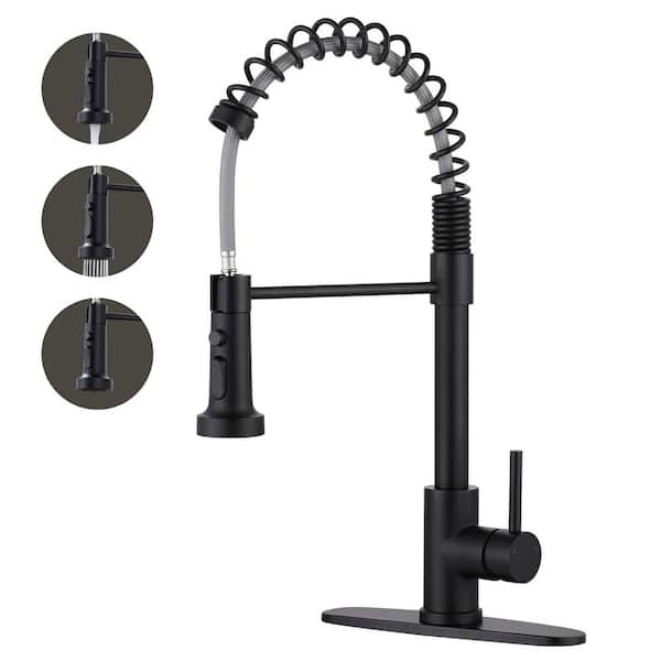 WOWOW Stainless Steel Single Handle Pull Down Sprayer Kitchen Faucet in Matte Black